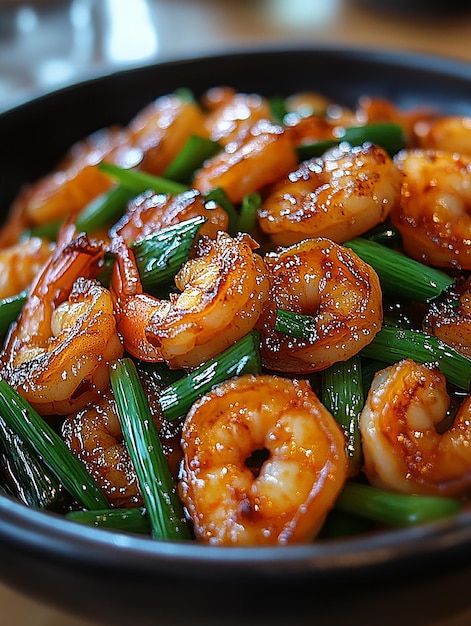 a bowl of shrimp and asparagus is filled with green beans