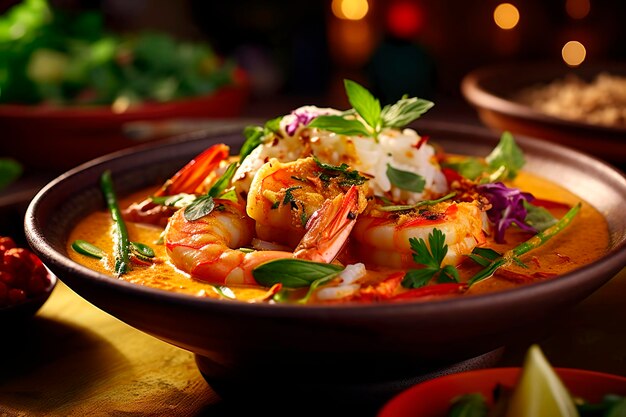 A bowl of shrimp curry with rice and vegetables