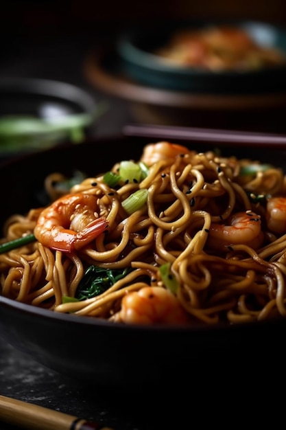 A bowl of shrimp lo mein with a chopsticks on the side.