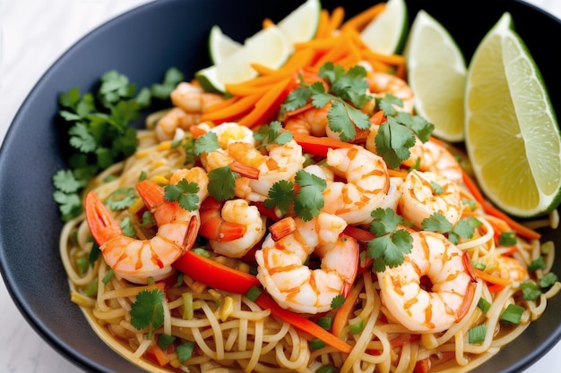 A bowl of shrimp and noodles with a lime wedge on the side.