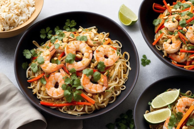 A bowl of shrimp pad thai noodles with a plate of shrimps on the side.