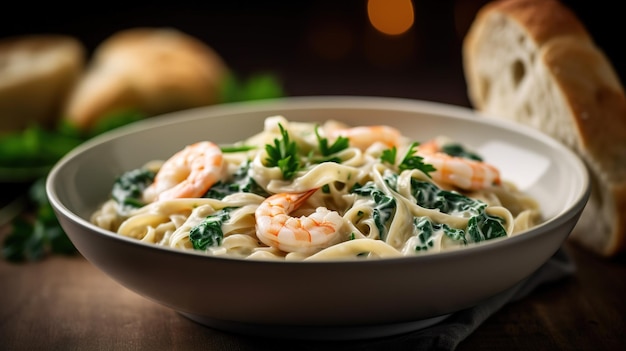 A bowl of shrimp pasta with spinach and garlic in the background