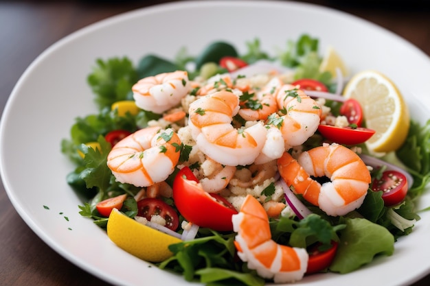 A bowl of shrimp salad with lemon wedges and tomatoes