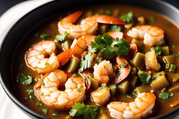 A bowl of shrimp stew with green beans and cilantro