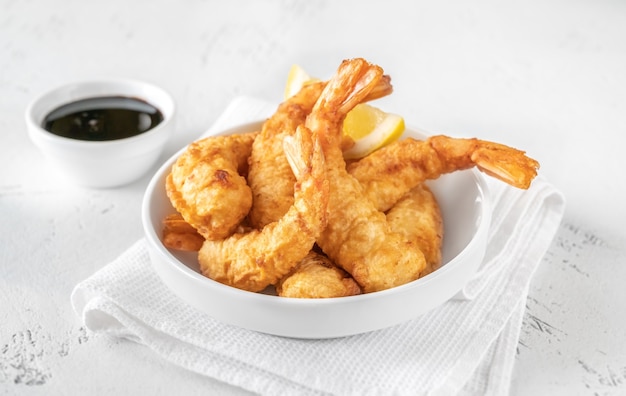 Bowl of Shrimp Tempura with soy sauce