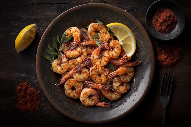 A bowl of shrimp with lemon and garlic on the side