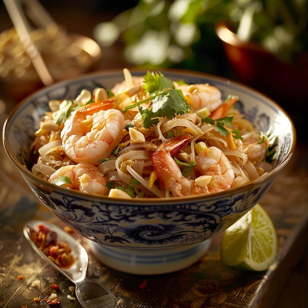 a bowl of shrimp with a lime wedge on the side