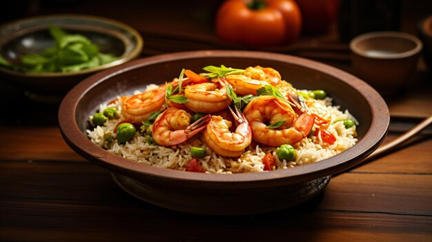 a bowl of shrimp with rice and broccoli