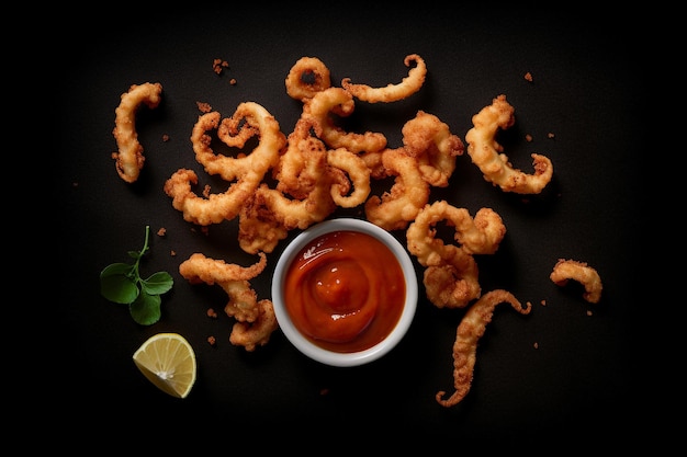 A bowl of shrimp with sauce on a black table.