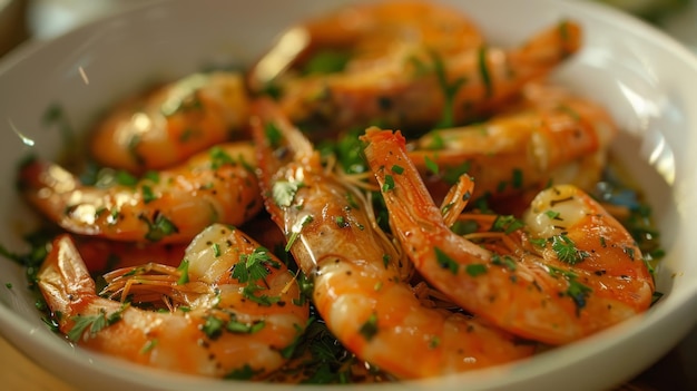 a bowl of shrimp with shrimp and herbs on top of it