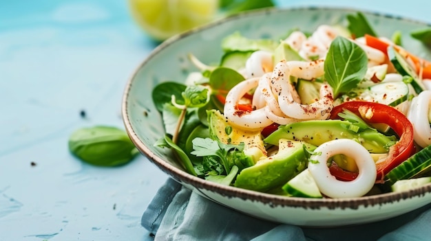 a bowl of shrimps and avocado with a green leaf