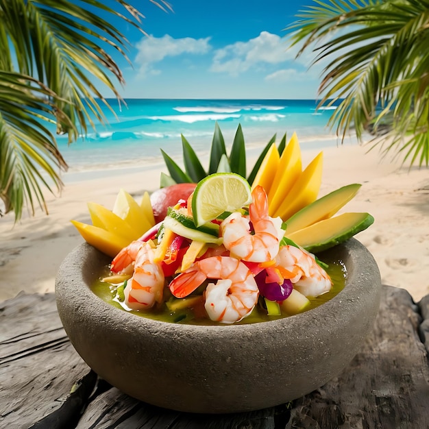 a bowl of shrimps and vegetables on a beach