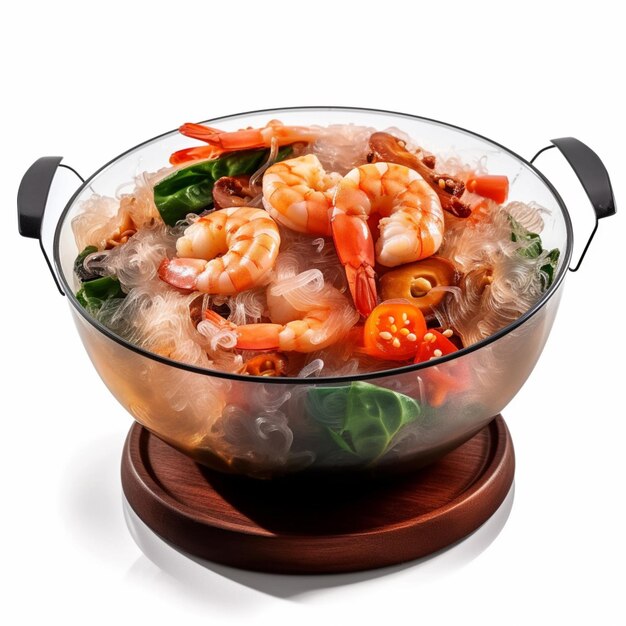 A bowl of shrimps with a wooden base and a wooden base.