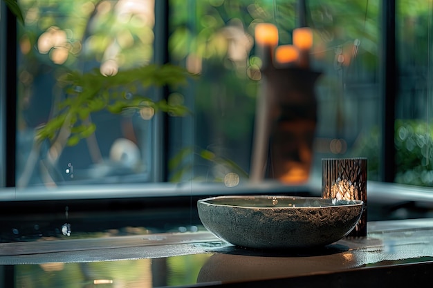 A bowl sitting on top of a table next to a candle