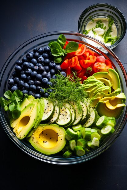 Bowl of sliced avocados tomatoes blueberries and other vegetables Generative AI