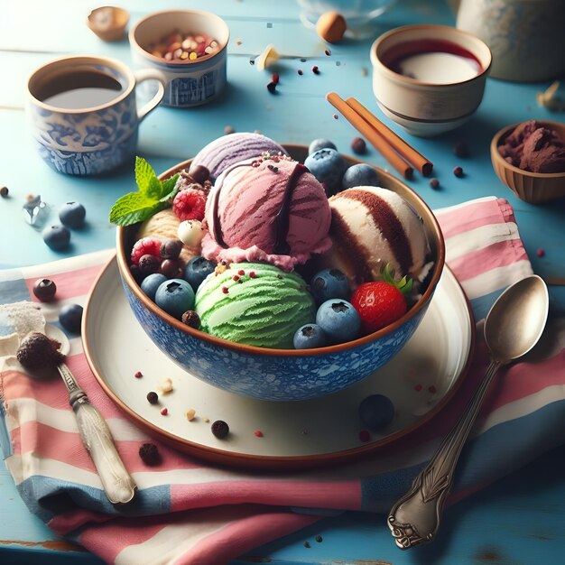 Photo a bowl of slightly melted ice cream on a table