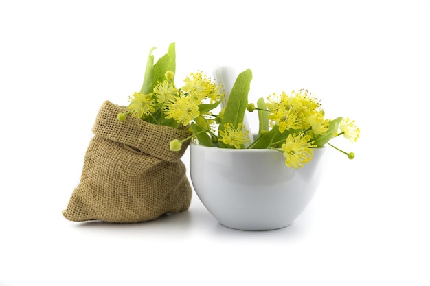 Bowl and small hessian bag of freshly picked yellow linden flowers and leaves