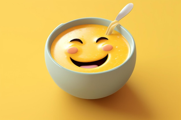 A bowl of smiley faces with a spoon in it.