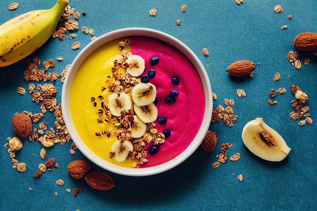 A bowl of smoothie with banana, almonds, and almonds