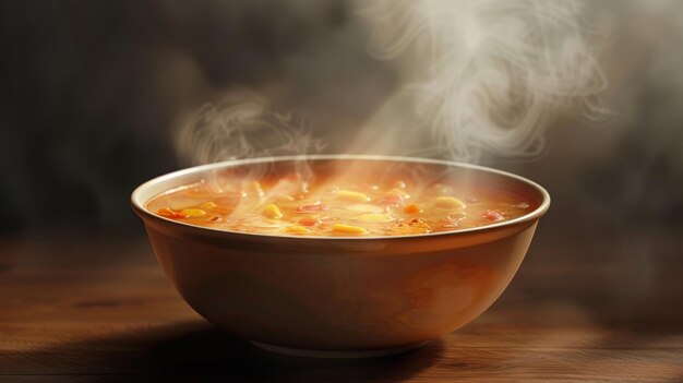 Photo a bowl of soup is sitting on a wooden table with steam rising from it