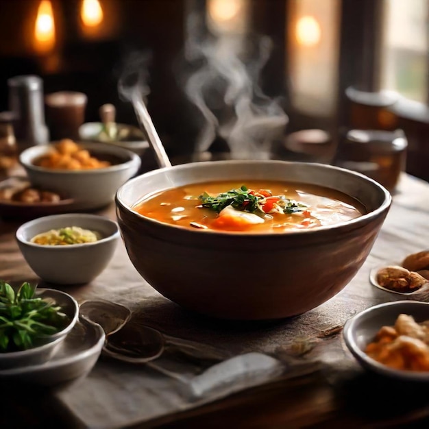 a bowl of soup sits on a table with other dishes