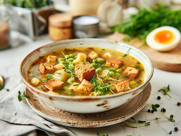 Bowl of soup on table