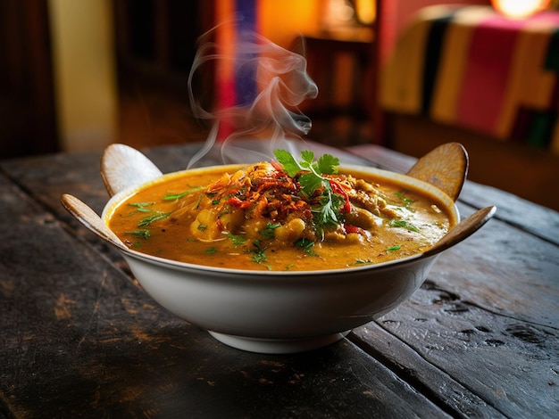 Photo a bowl of soup with beans and chili on the side