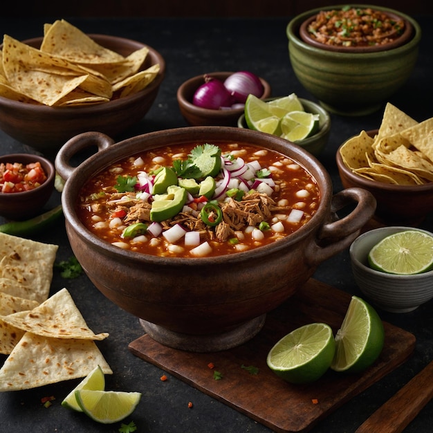 A bowl of soup with beans and chips on a table