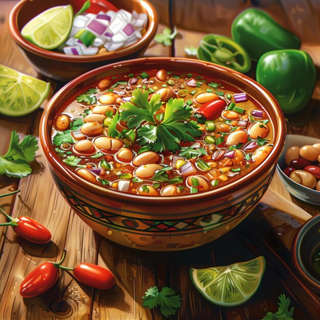 a bowl of soup with beans and peppers on a table