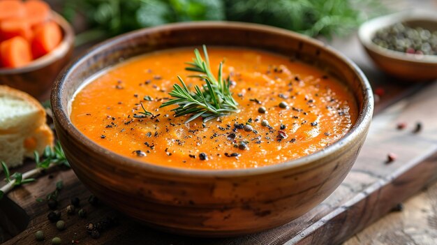 a bowl of soup with a black pepper on top