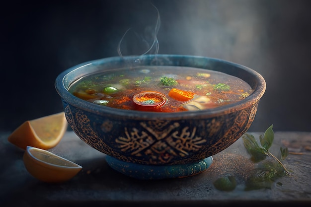 A bowl of soup with a blue background and lemons on the side