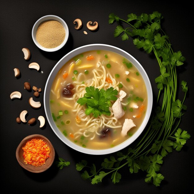 A bowl of soup with a bowl of chicken and carrots on the side.