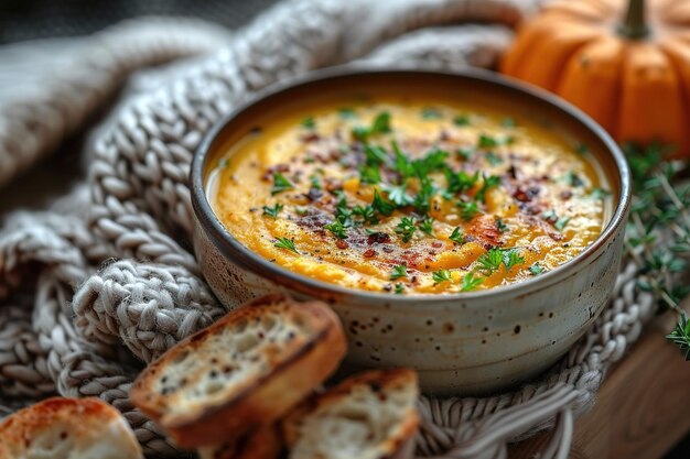 Photo a bowl of soup with bread and parsley on a table