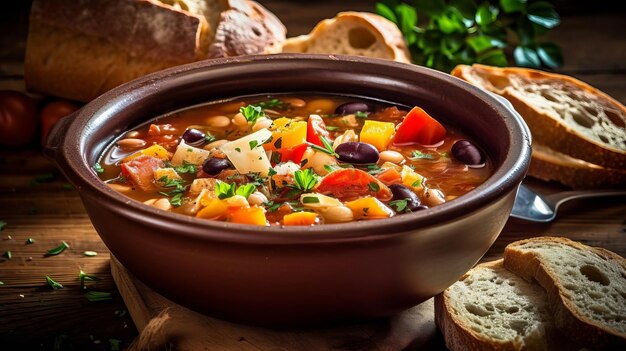 A bowl of soup with bread on the side