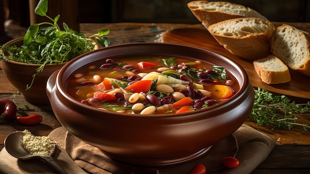 A bowl of soup with bread on the side