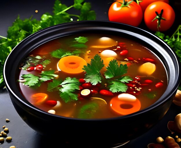 A bowl of soup with carrots celery and other vegetables