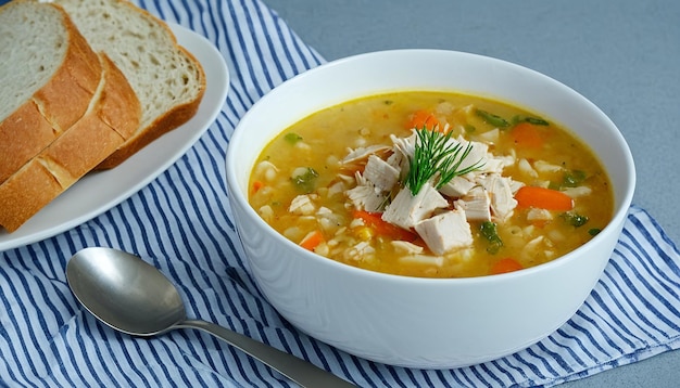 a bowl of soup with chicken and chicken and bread