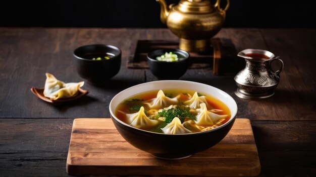 a bowl of soup with dumplings and a tea pot