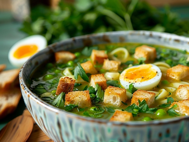 Bowl of soup with eggs and greens