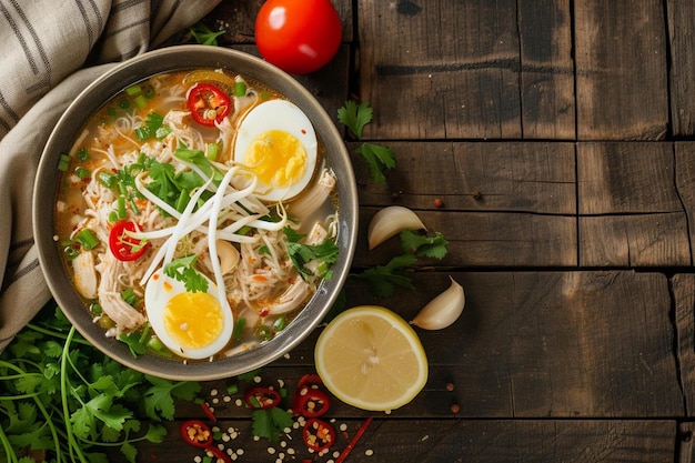 Photo a bowl of soup with eggs tomatoes and herbs