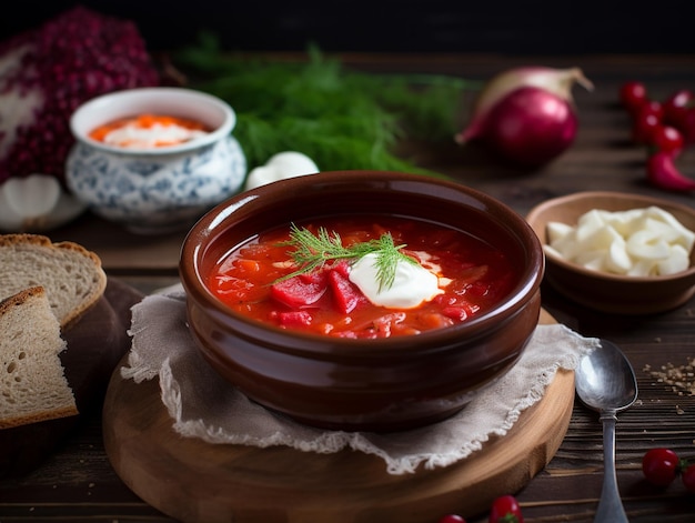 A bowl of soup with a green garnish on the top.