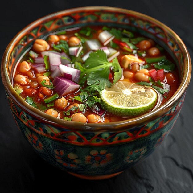 a bowl of soup with a green leaf and red onions