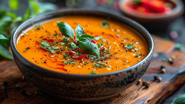 a bowl of soup with a green leaf on top of it