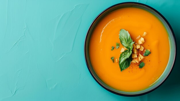 Photo a bowl of soup with a green leaf on top of it