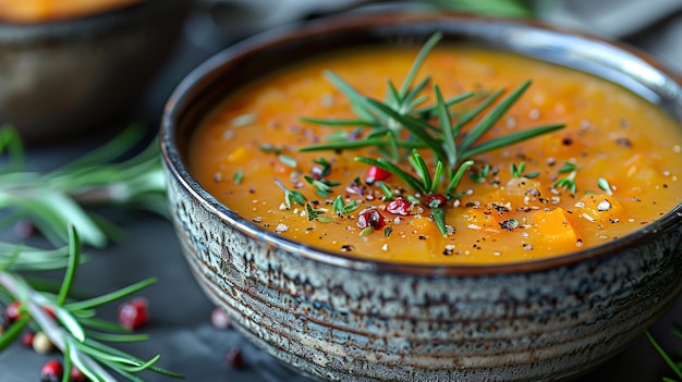 a bowl of soup with a green leaf on top