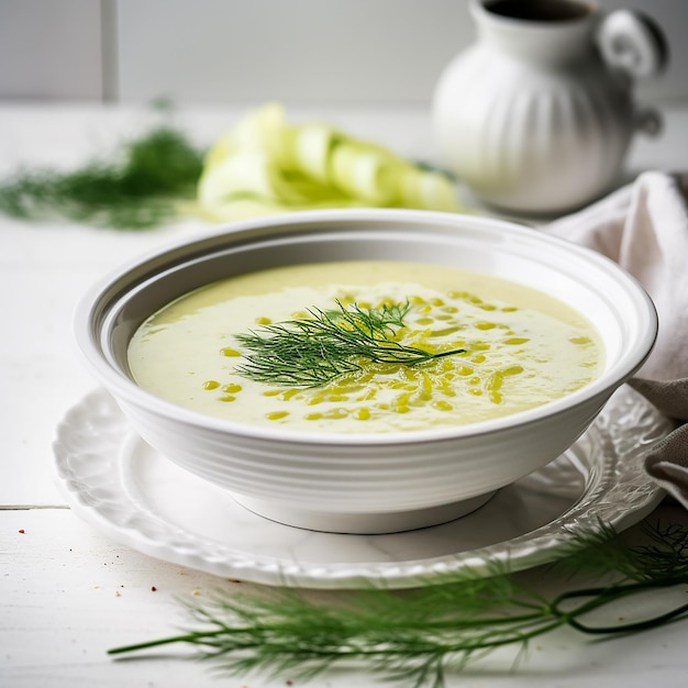 Photo a bowl of soup with a green sprig of rosemary on the top