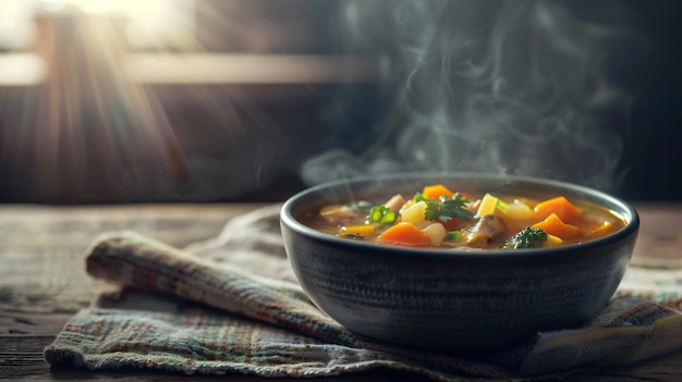 a bowl of soup with a green and white napkin on the table