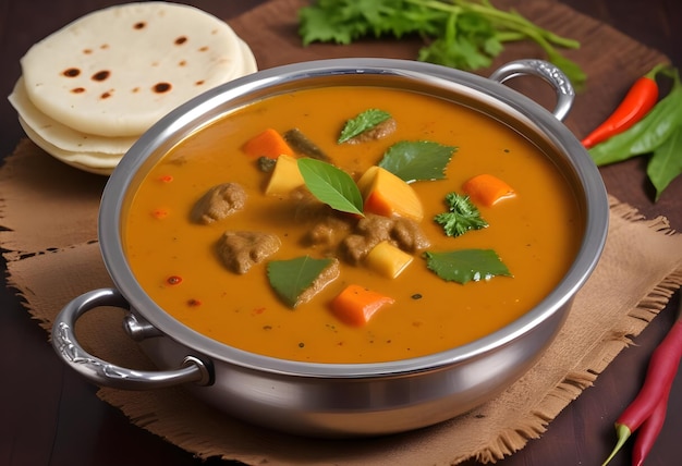 a bowl of soup with meat and vegetables on it