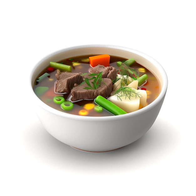 A bowl of soup with meat and vegetables on it