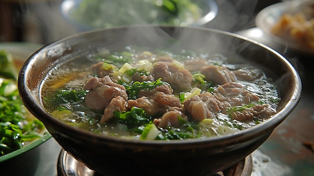 Bowl of soup with meat and vegetables on the table